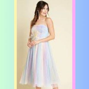 ModCloth Strapless Pastel Rainbow Mesh Sweetheart Midi Dress NWT